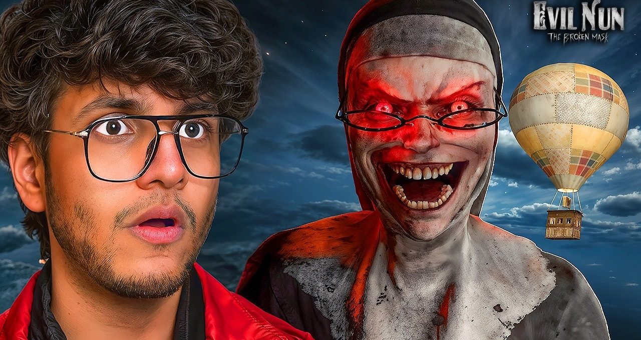 Young man in glasses startled beside a grinning demonic nun with glowing red eyes