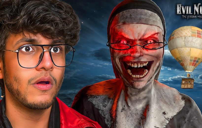 Young man in glasses startled beside a grinning demonic nun with glowing red eyes