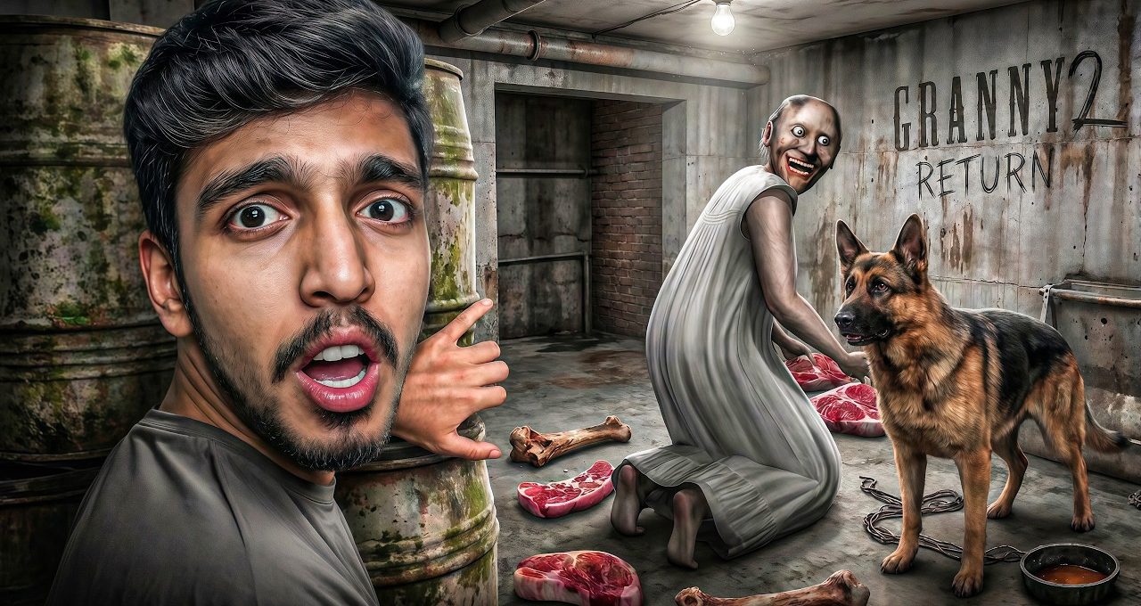 Terrified young man hiding behind barrels while a pale, grinning woman and dog in basement