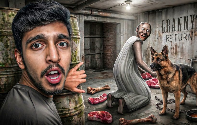 Terrified young man hiding behind barrels while a pale, grinning woman and dog in basement