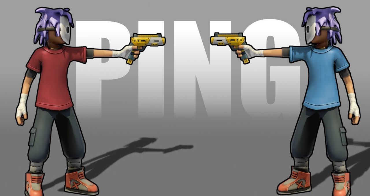 Two masked cartoon characters facing each other, pointing yellow toy guns with "PING" background
