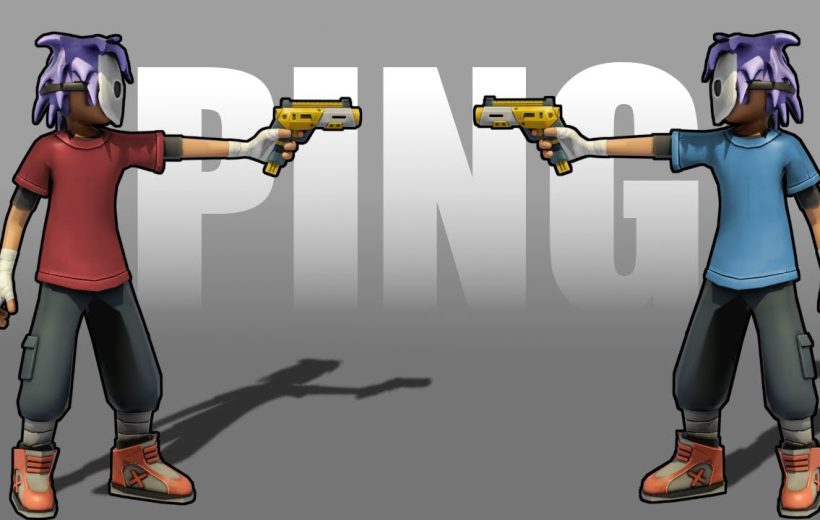Two masked cartoon characters facing each other, pointing yellow toy guns with "PING" background