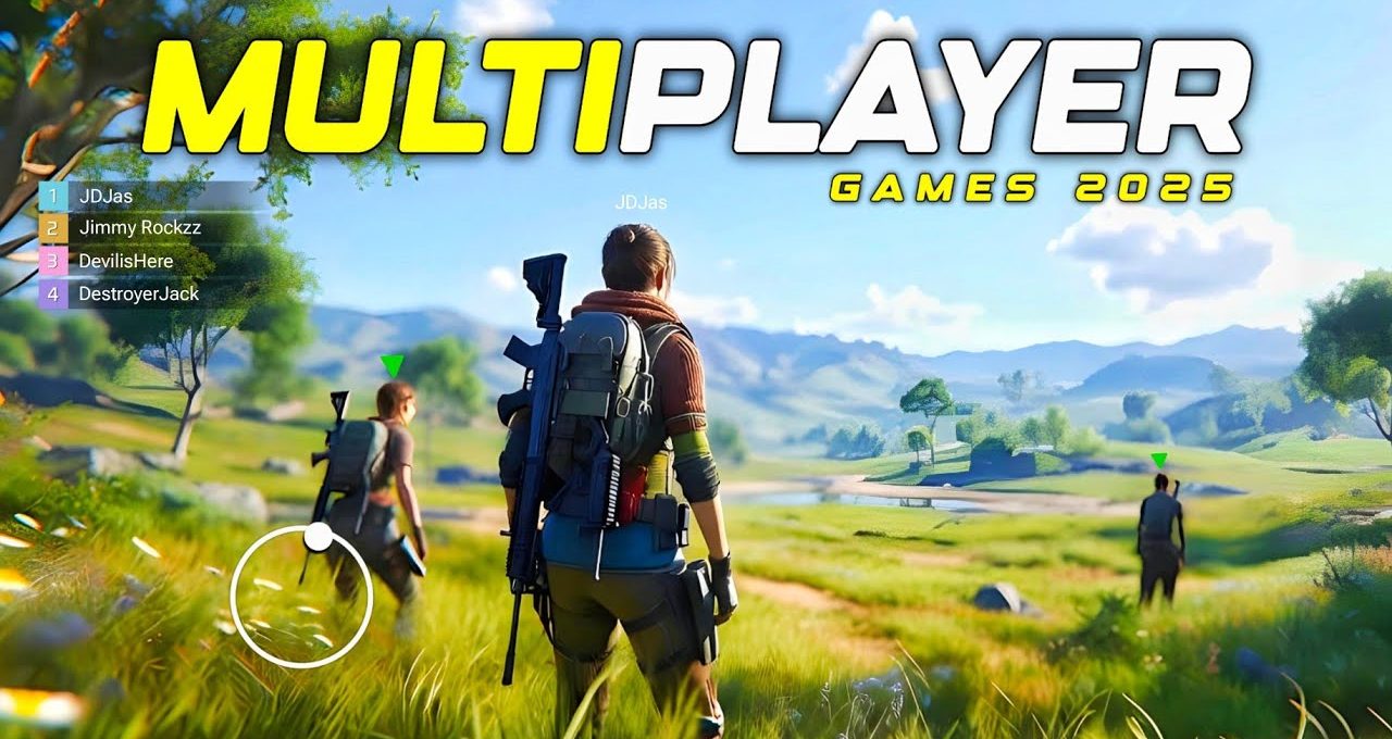 Three armed gamers traverse a sunny open-world grassy landscape in a multiplayer shooter.