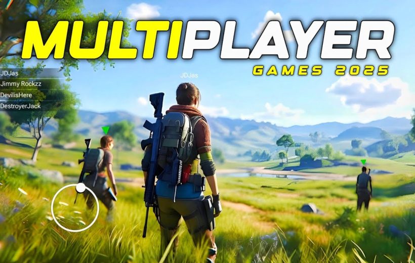 Three armed gamers traverse a sunny open-world grassy landscape in a multiplayer shooter.