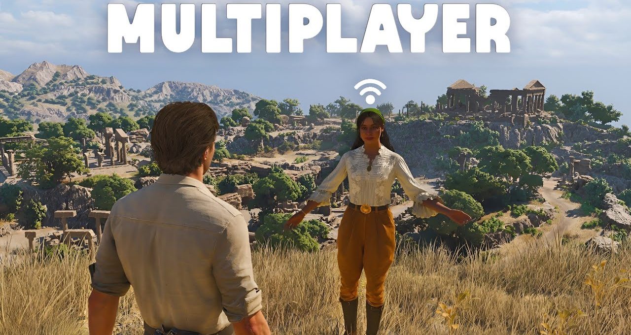 Two characters in a grassy hill overlook ancient ruins under a "MULTIPLAYER" banner