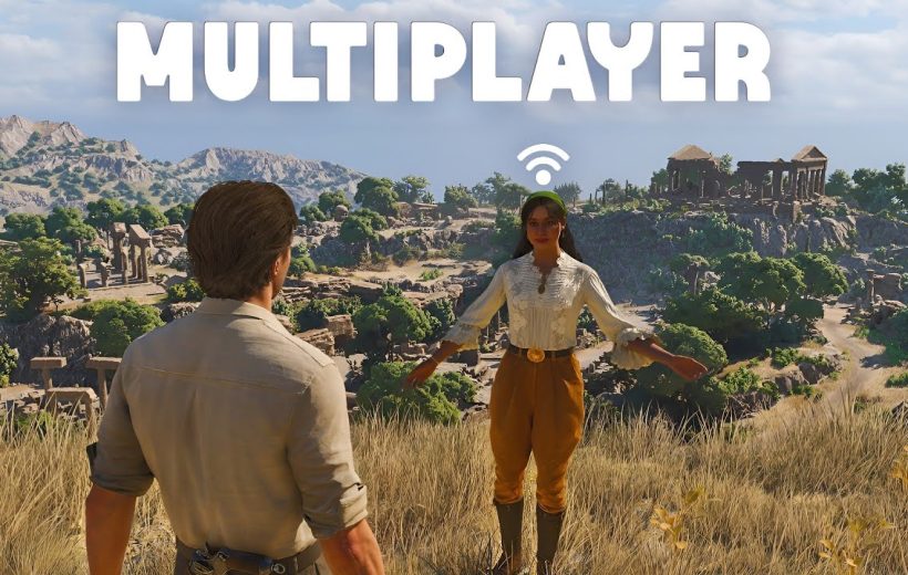 Two characters in a grassy hill overlook ancient ruins under a "MULTIPLAYER" banner