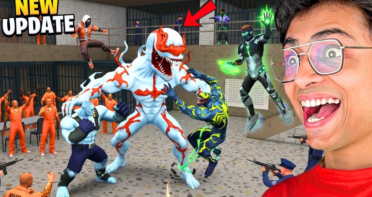 Prison brawl scene with monstrous symbiotes fighting while guards and inmates watch enthusiastically
