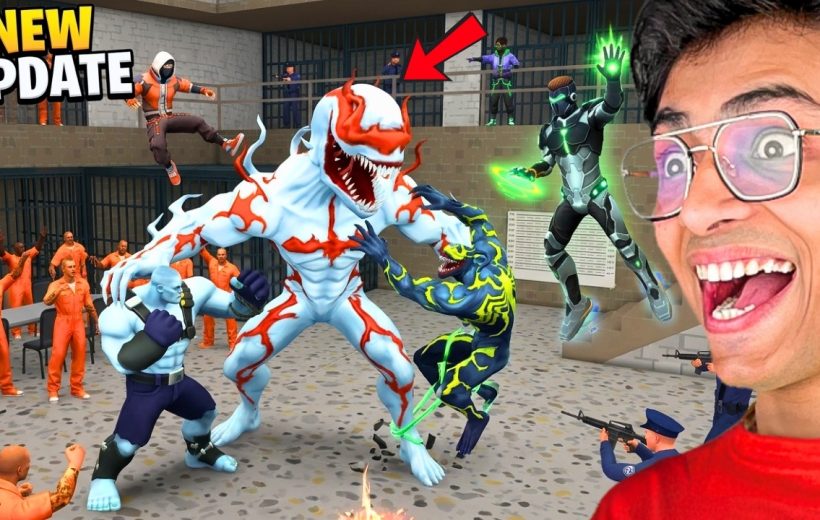Prison brawl scene with monstrous symbiotes fighting while guards and inmates watch enthusiastically