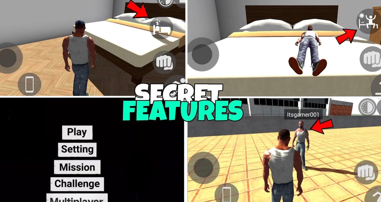 Four-panel game screenshots showing a character exploring bed, menu, and multiplayer area.