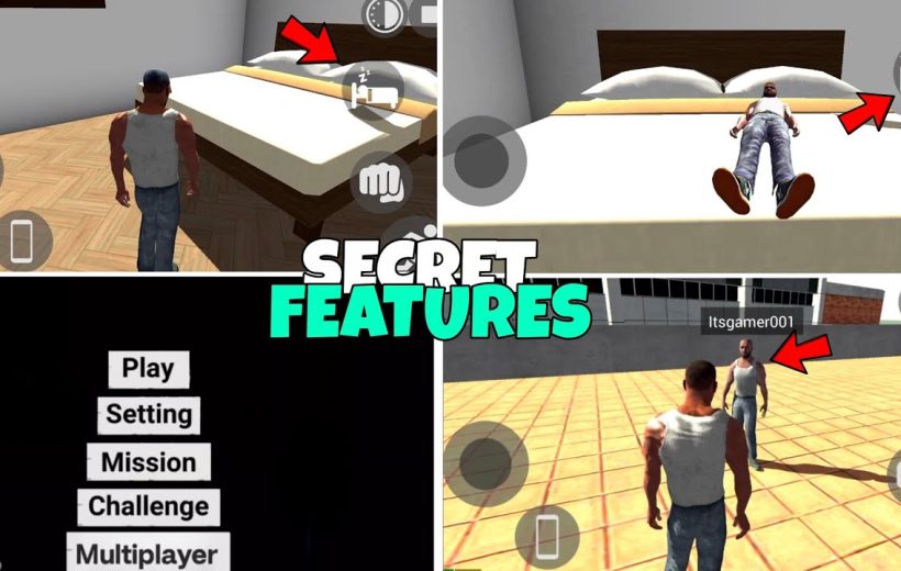 Four-panel game screenshots showing a character exploring bed, menu, and multiplayer area.