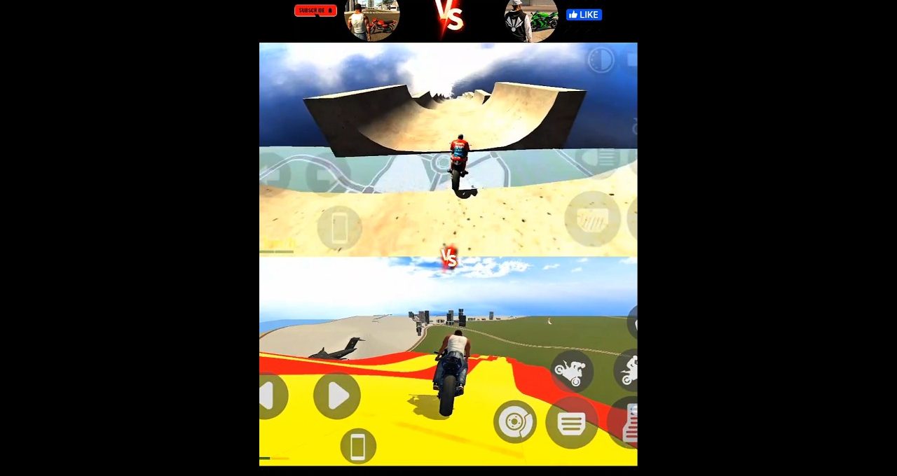 Split-screen motorcycle racing game showing two riders on stunt-filled desert and coastal tracks