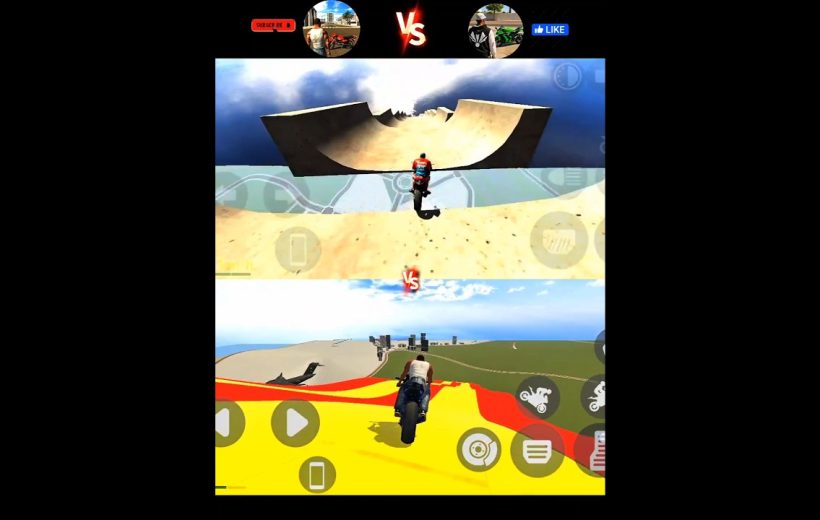 Split-screen motorcycle racing game showing two riders on stunt-filled desert and coastal tracks