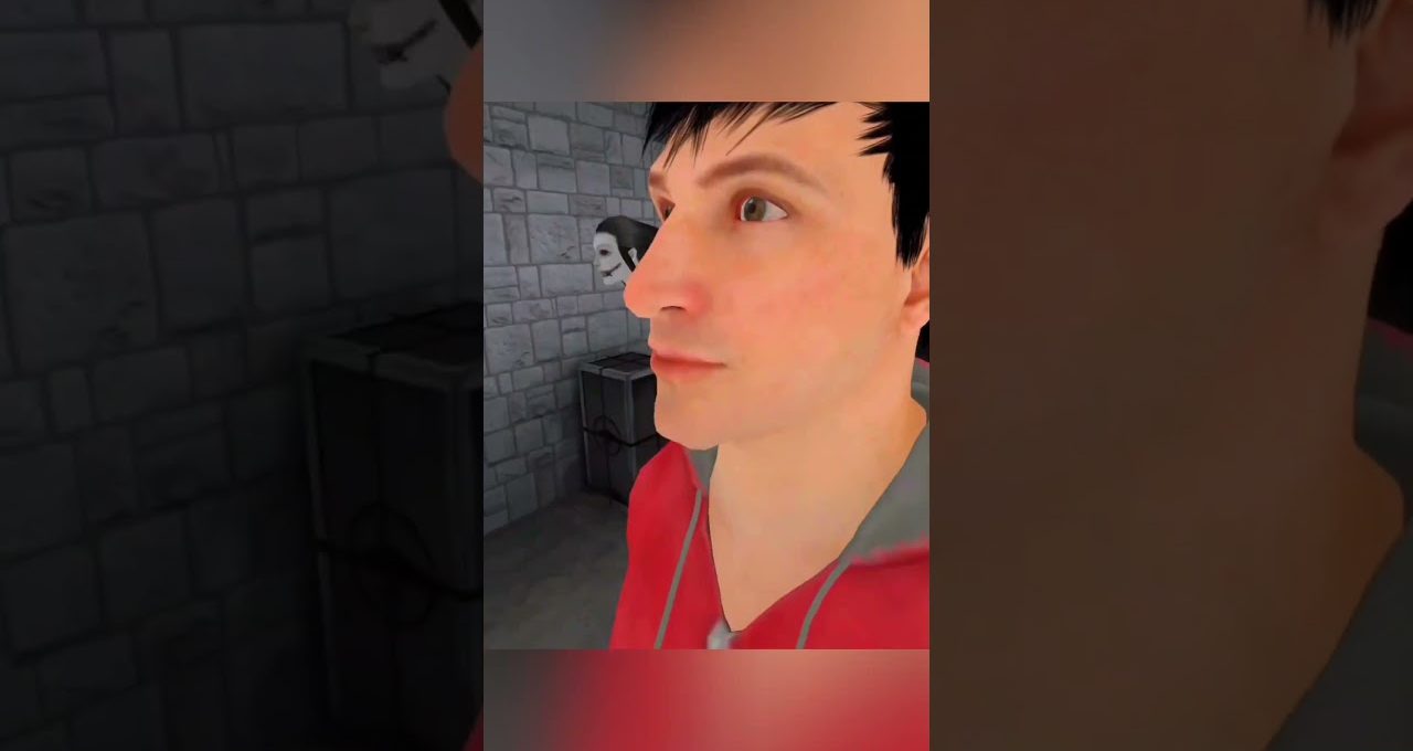 Young man in a red hoodie standing in a dim stone-walled room with mask