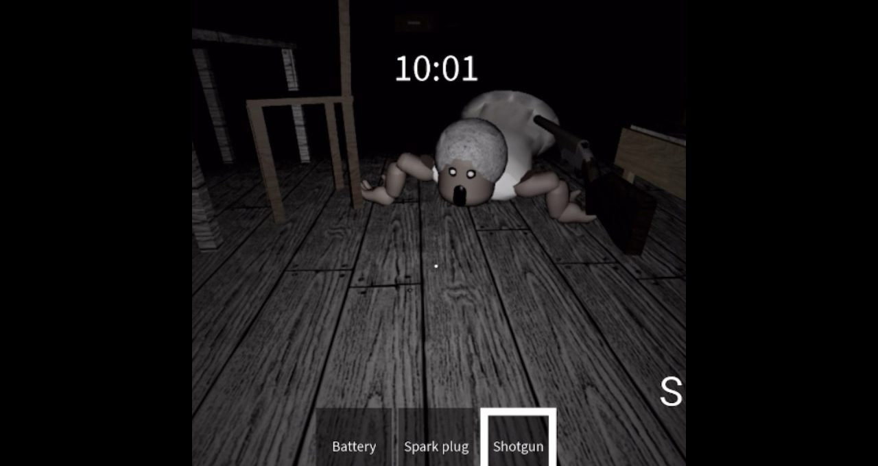 Creepy crawling humanoid creature on wooden floor with a shotgun and timer.