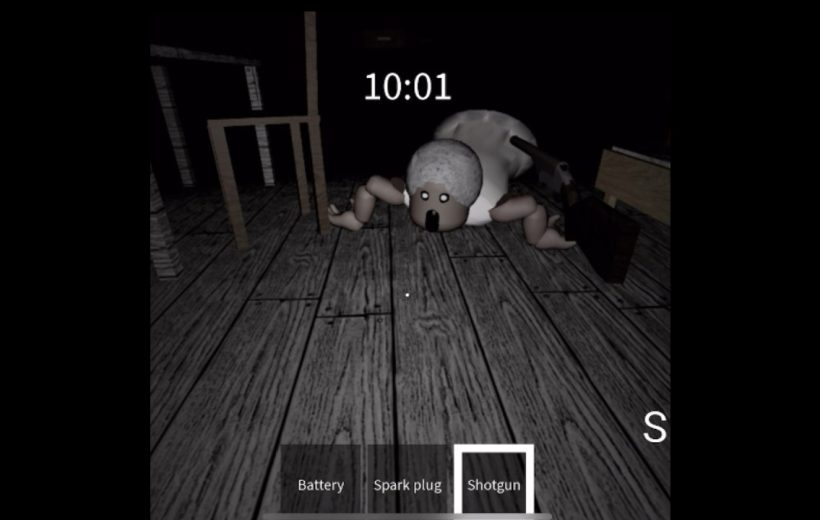 Creepy crawling humanoid creature on wooden floor with a shotgun and timer.