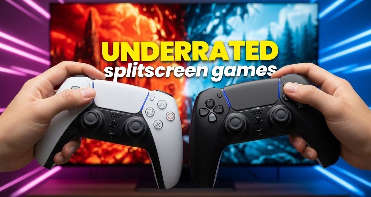 Two hands holding white and black PlayStation controllers in front of split-screen TV