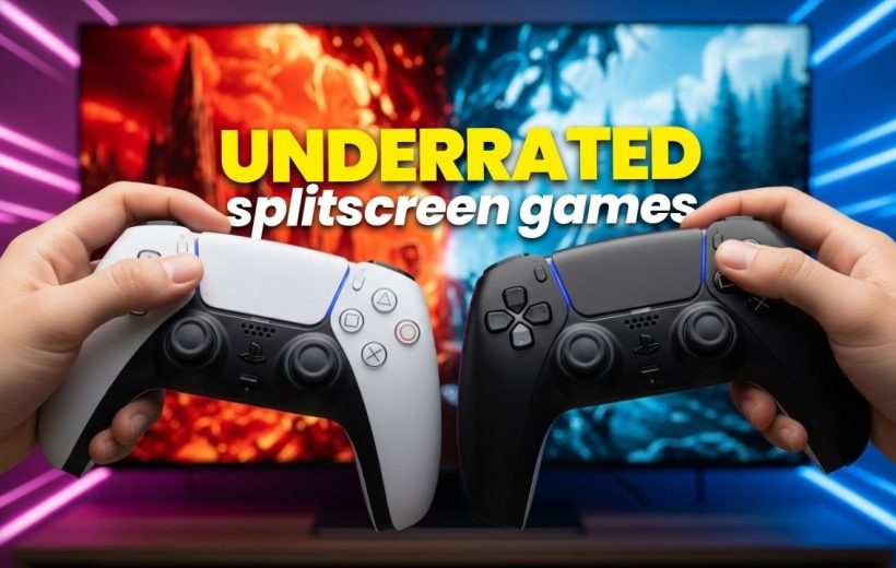 Two hands holding white and black PlayStation controllers in front of split-screen TV