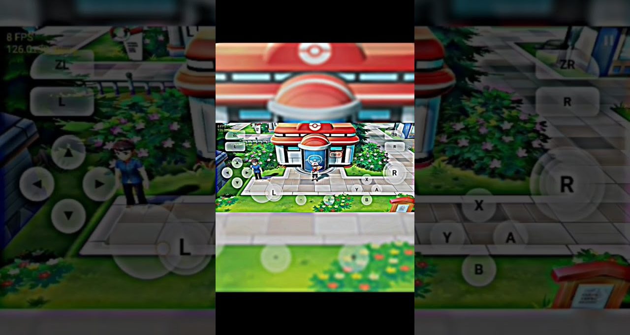Player character standing outside a red Pokémon Center with on-screen game controls visible