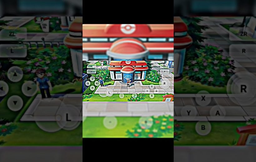 Player character standing outside a red Pokémon Center with on-screen game controls visible