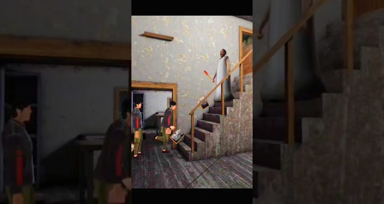 Three characters in a worn house; one stands on stairs holding a glowing object.
