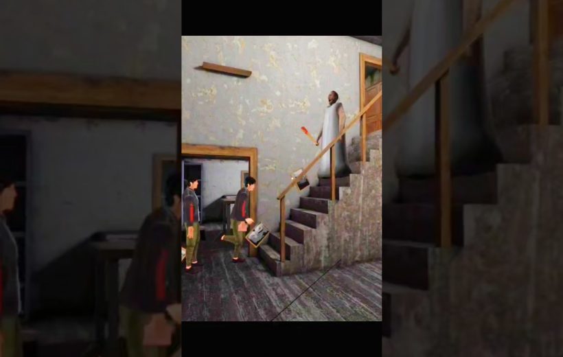 Three characters in a worn house; one stands on stairs holding a glowing object.