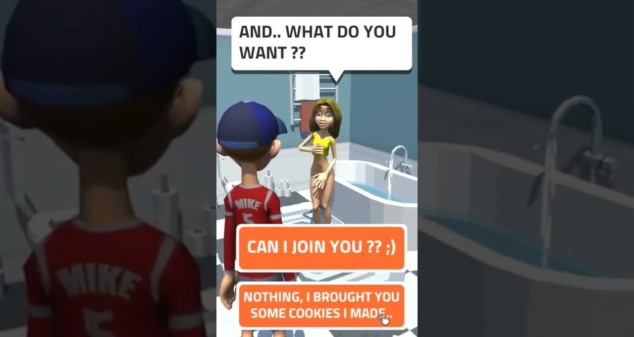 Boy in a red shirt talking to a woman in a bathroom near a bathtub, speech bubbles visible