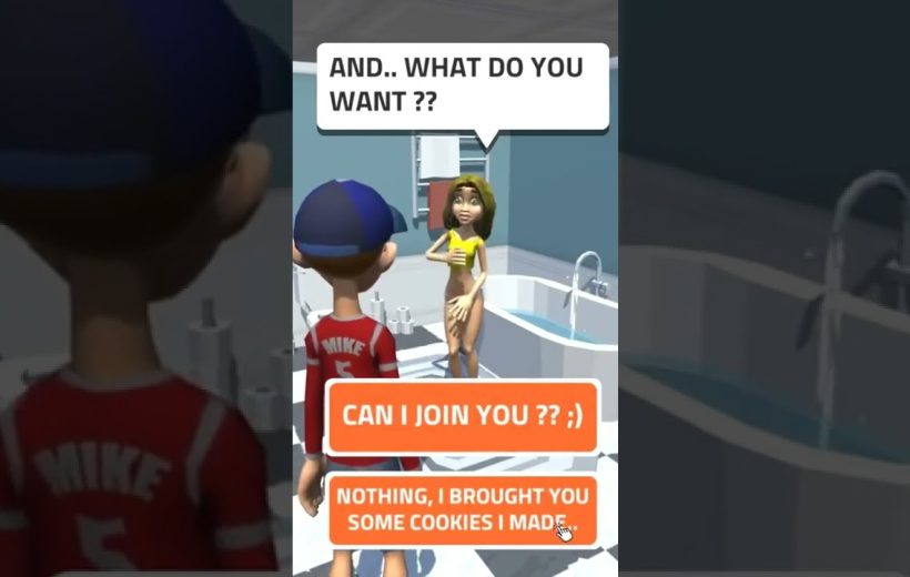 Boy in a red shirt talking to a woman in a bathroom near a bathtub, speech bubbles visible