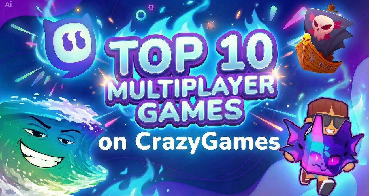 Colorful banner reading "Top 10 Multiplayer Games on CrazyGames" with playful game characters