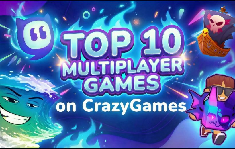 Colorful banner reading "Top 10 Multiplayer Games on CrazyGames" with playful game characters