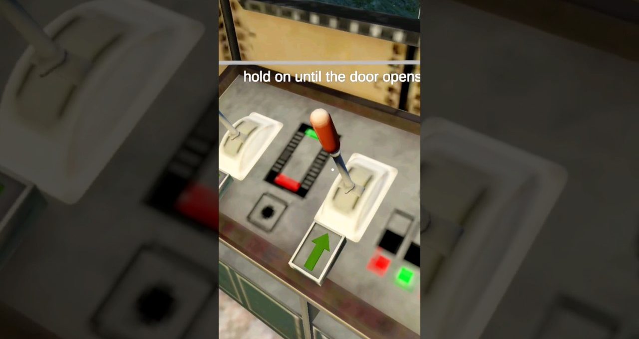 Train cab control panel with two levers and an illuminated green arrow indicator.