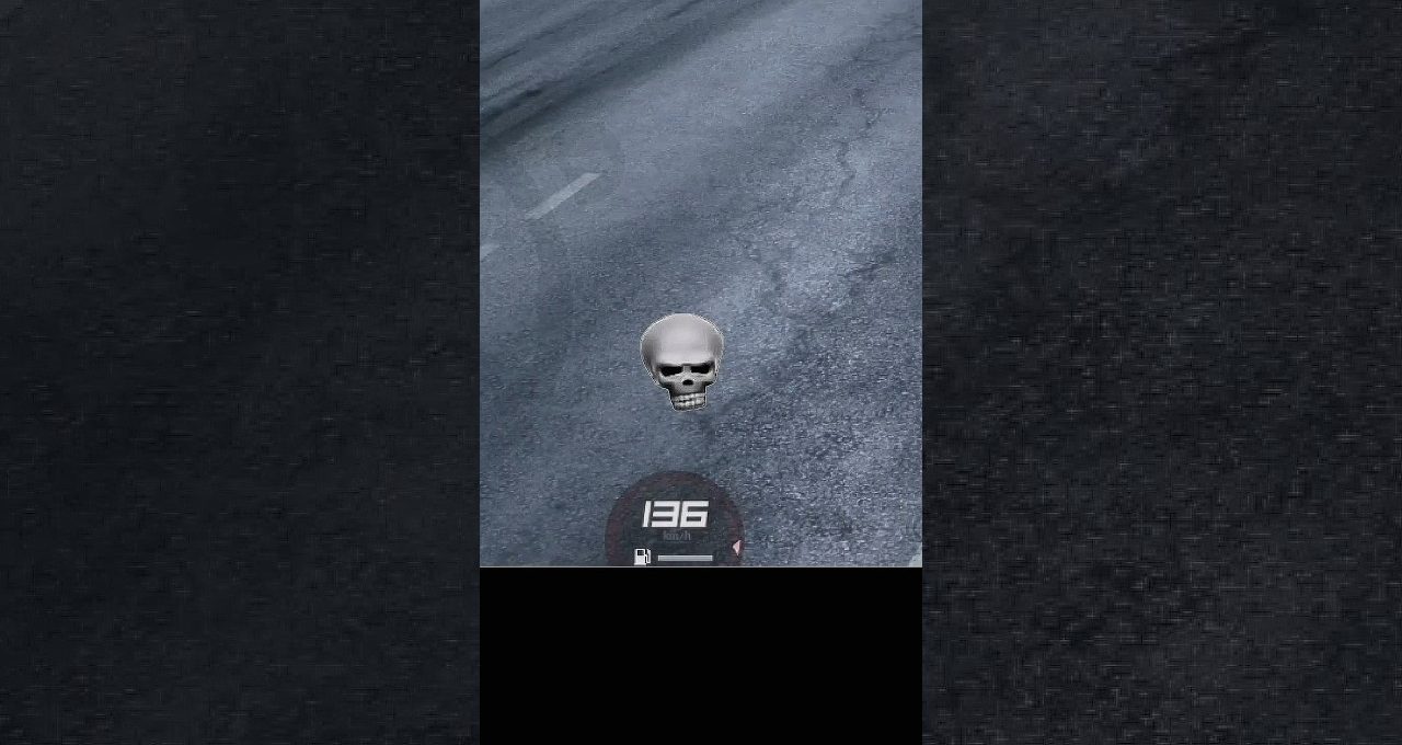 Floating skull emoji above a textured asphalt road with a small speedometer reading 136