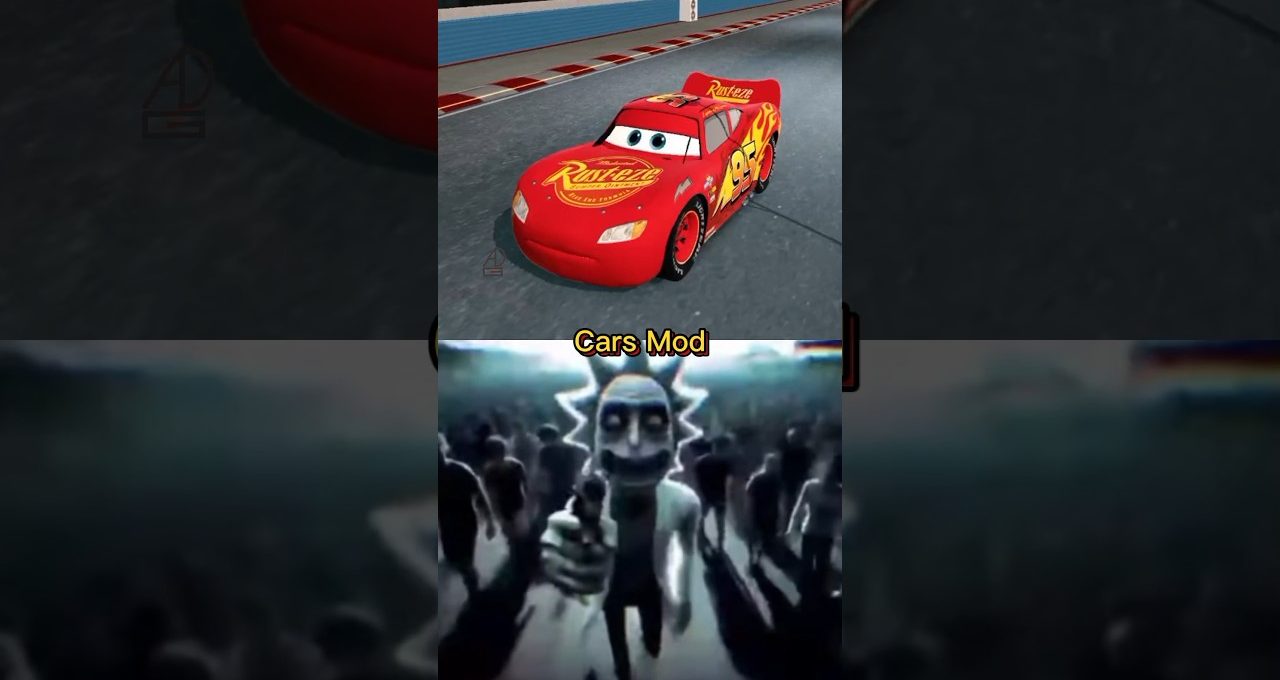 Top: Lightning McQueen on racetrack; bottom: distorted Rick and Morty character pointing gun.