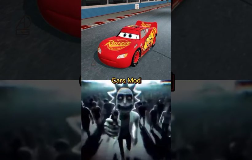 Top: Lightning McQueen on racetrack; bottom: distorted Rick and Morty character pointing gun.