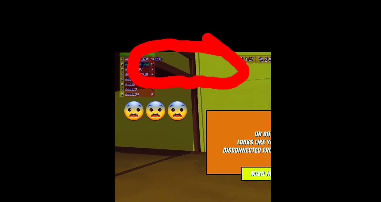 Game screen showing a red circled doorway, leaderboard, emojis, and disconnect message.