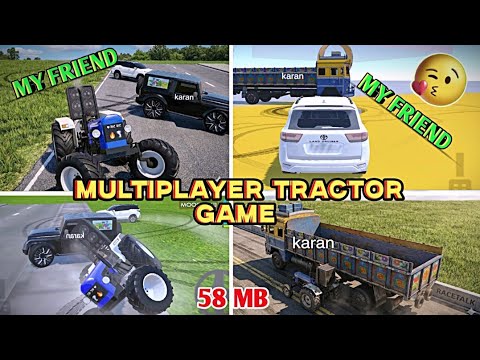 Four-game collage showing multiplayer tractor and truck gameplay with vehicles and usernames
