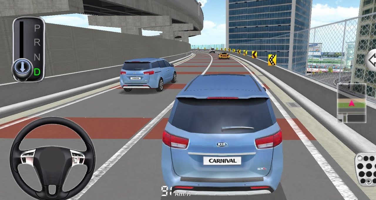 Blue Kia Carnival SUV driving on elevated city highway with other cars ahead.