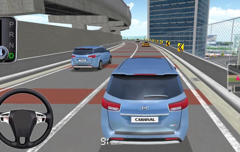 Blue Kia Carnival SUV driving on elevated city highway with other cars ahead.