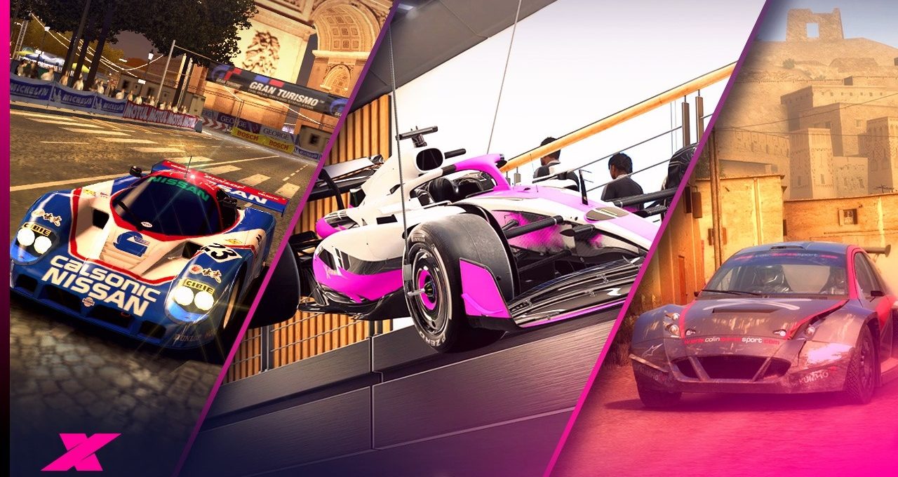 Three racing cars — classic Nissan, modern F1, and rally car in dynamic scenes