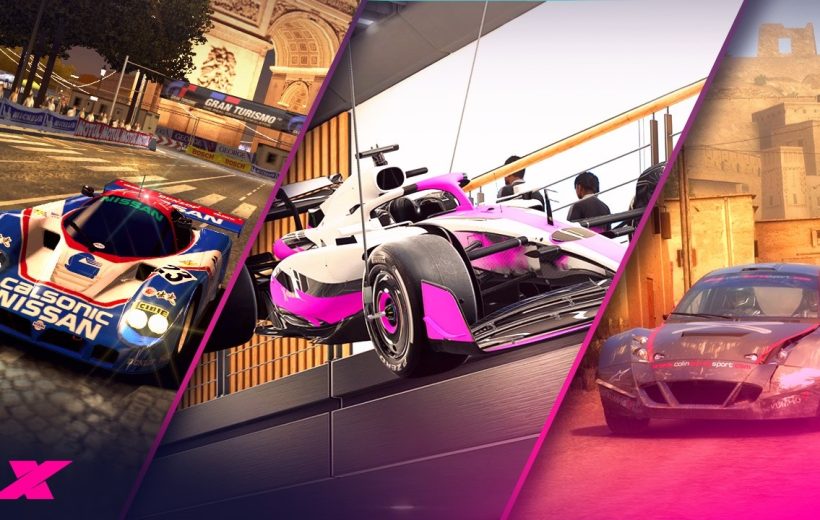 Three racing cars — classic Nissan, modern F1, and rally car in dynamic scenes