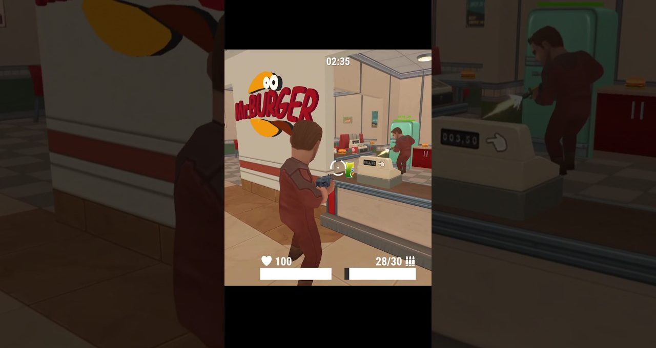 Player character aims a gun inside a cartoon fast-food restaurant with health and ammo HUD