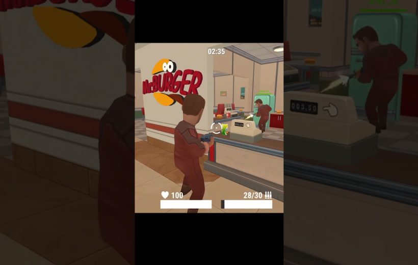 Player character aims a gun inside a cartoon fast-food restaurant with health and ammo HUD