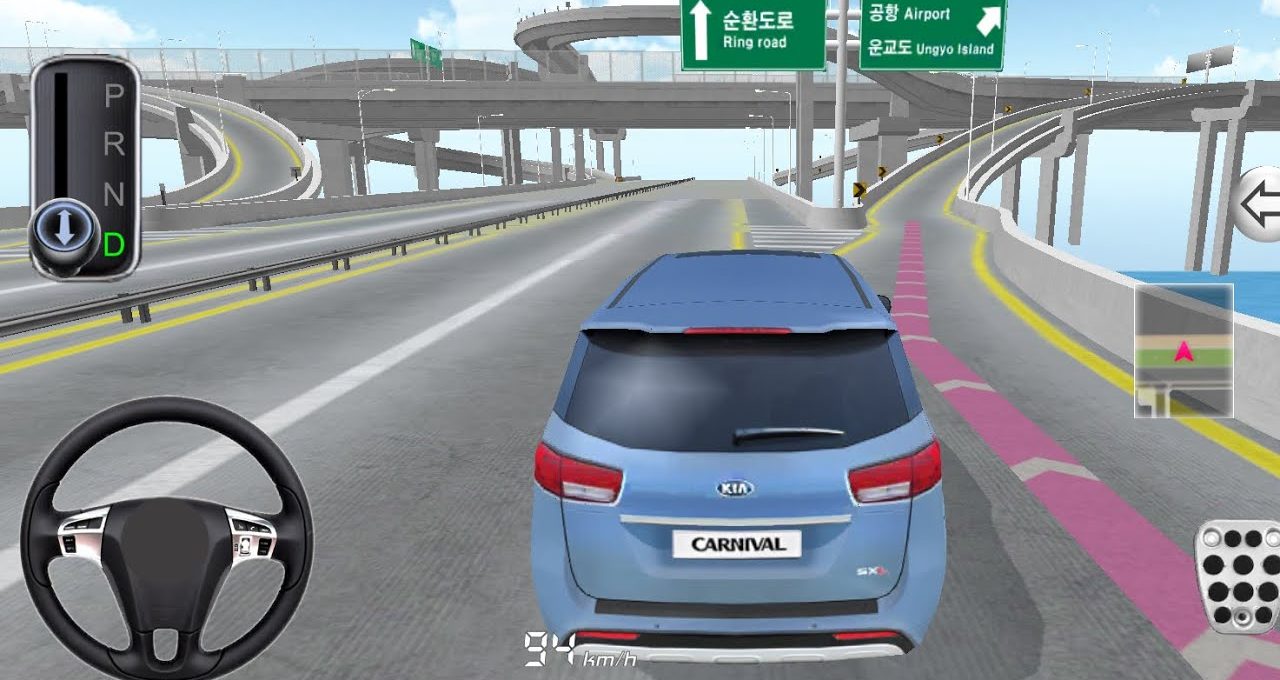 Blue Kia Carnival driving on elevated highway ramps in a car driving simulator game