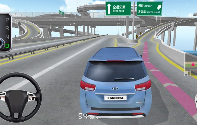 Blue Kia Carnival driving on elevated highway ramps in a car driving simulator game