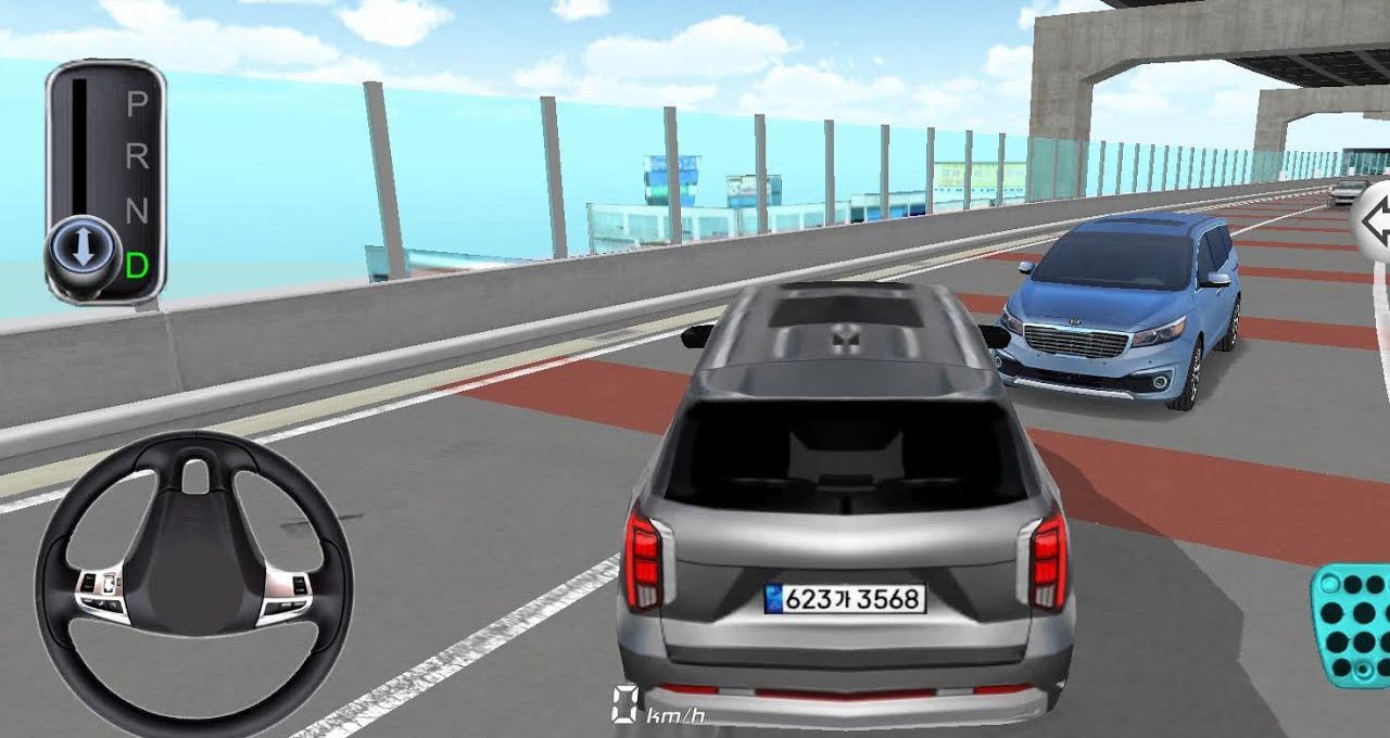 Third-person driving view of a silver SUV navigating a multi-lane elevated highway with traffic