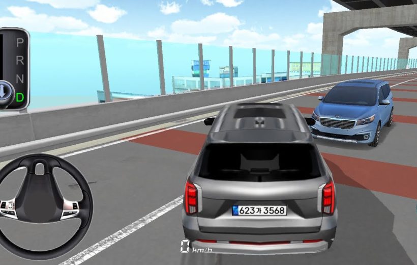 Third-person driving view of a silver SUV navigating a multi-lane elevated highway with traffic