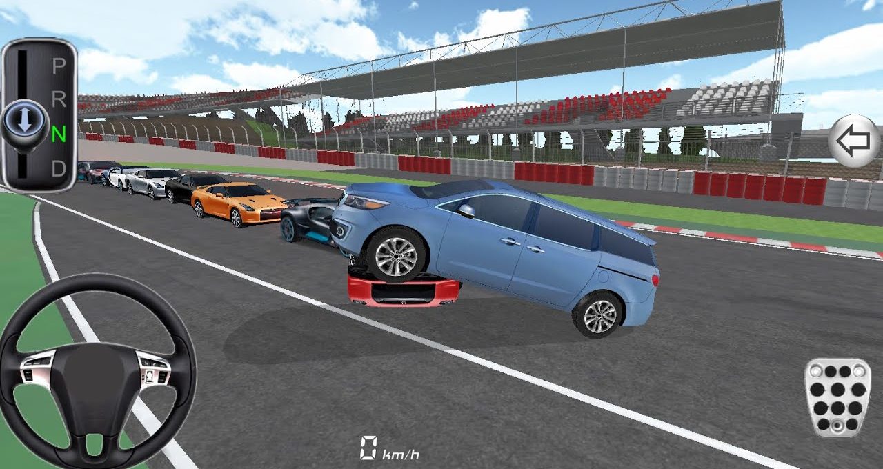 Blue minivan perched atop a red car during a chaotic racetrack lineup.