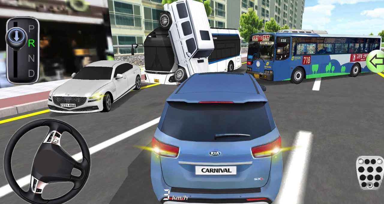 Blue Kia Carnival navigating city street amid overturned vans and buses in traffic