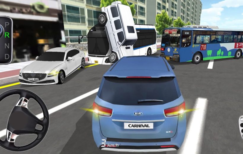 Blue Kia Carnival navigating city street amid overturned vans and buses in traffic