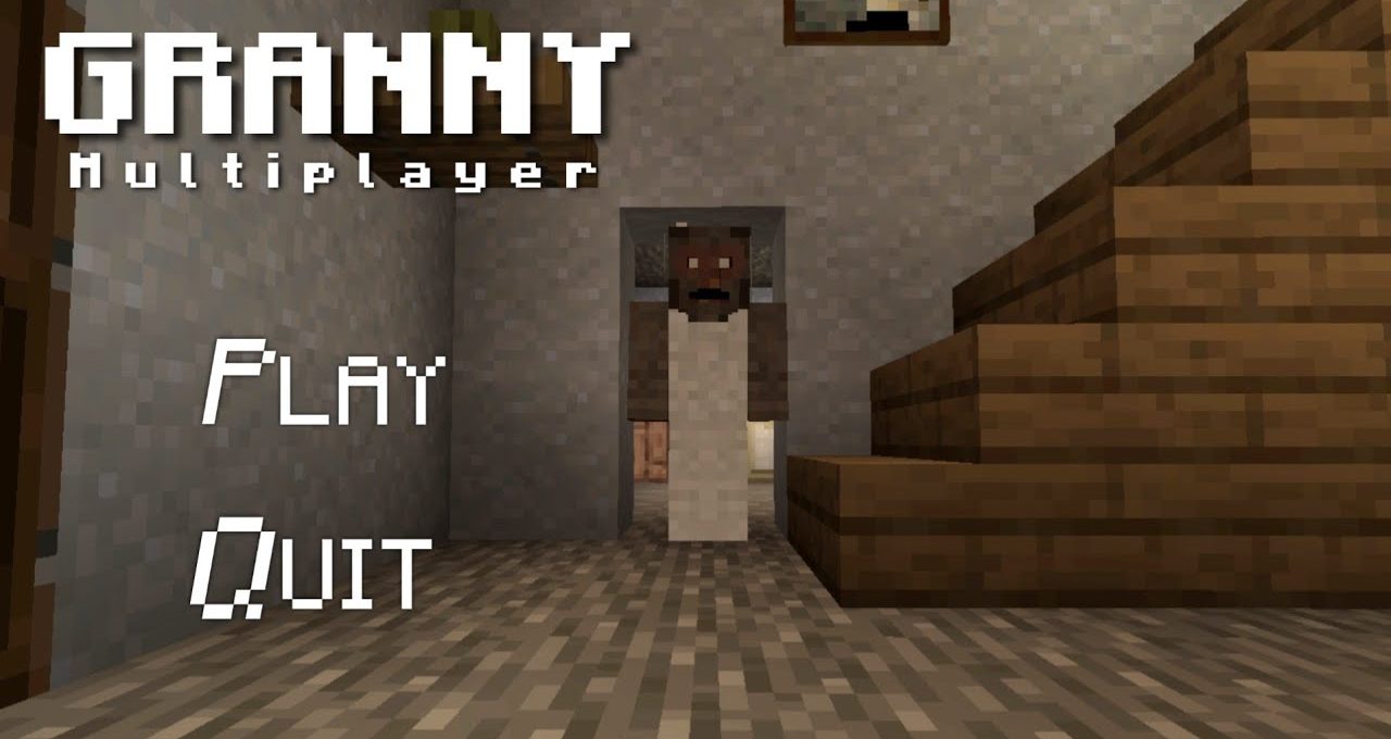 Blocky grandmother figure standing in doorway inside pixelated staircase room, game menu text.