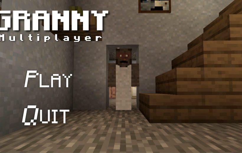 Blocky grandmother figure standing in doorway inside pixelated staircase room, game menu text.